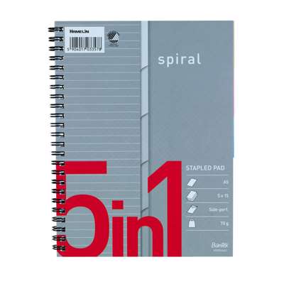 Kollegieblok Bantex m/spiral A5+ 5in1 linjeret 5x15ark