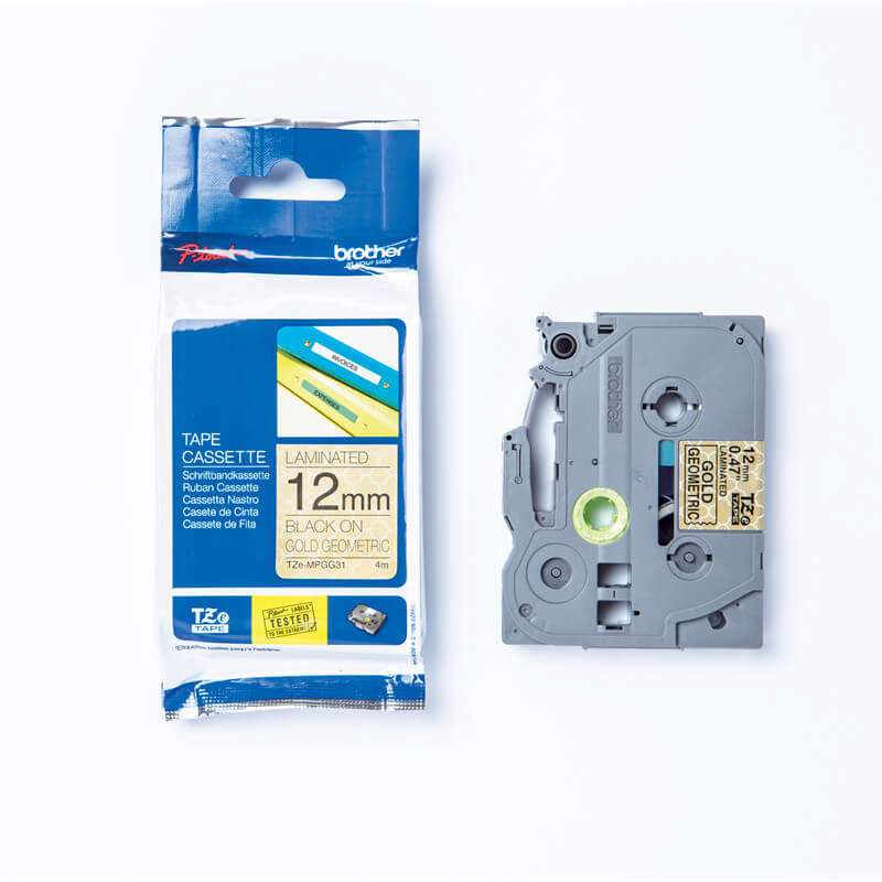 Labeltape Brother 12mm sort på guld mønster TZeMPGG31