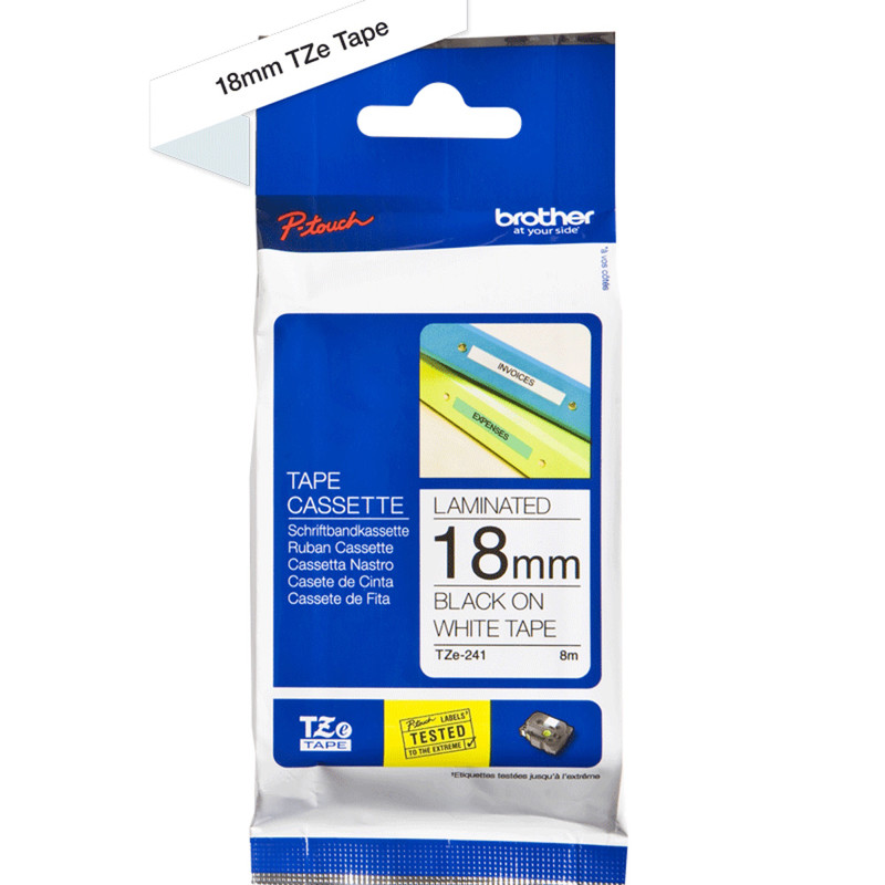 Labeltape Brother TZe241 18mm sort på hvid lamineret