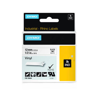 Labeltape DYMO D1 12mm sort på hvid vinyl