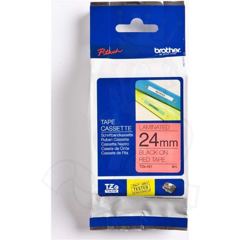 Labeltape Brother TZe451 24 mm sort på rød lamineret