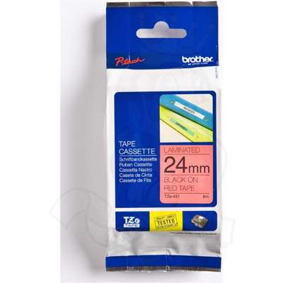 Labeltape Brother TZe451 24 mm sort på rød lamineret