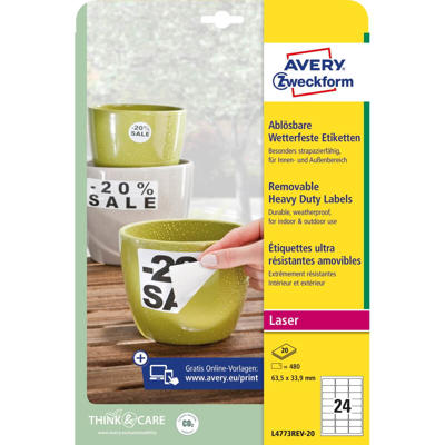 Etiketter Avery outdoor aftagelig 63,5x33,8mm L4773REV-20