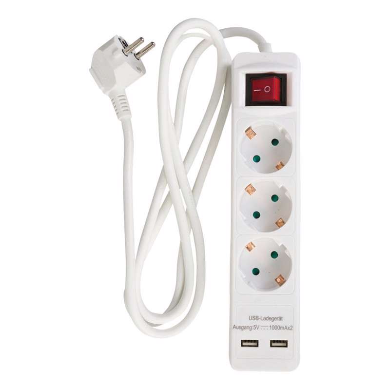 Stik 3-vejs u/ jord, 2xUSB-A (3x1,5mm²) 1,5m hvid