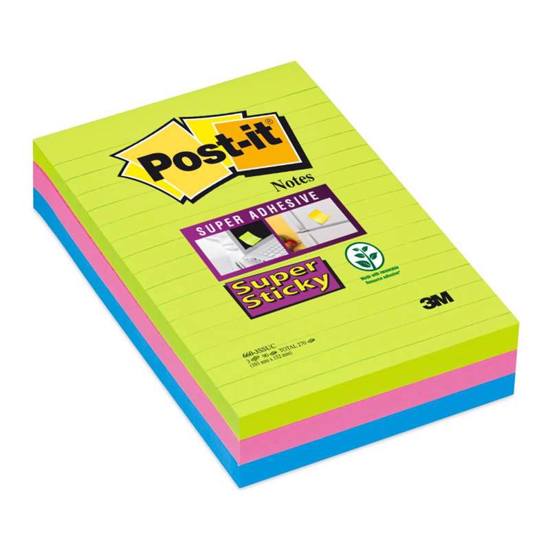 Post it Super Sticky notes lin ass. 100x152mm 3 blk/pk.