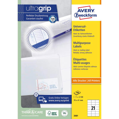 Etiketter Avery label hvid 41x70mm 21/ark 100ark/pk 3481