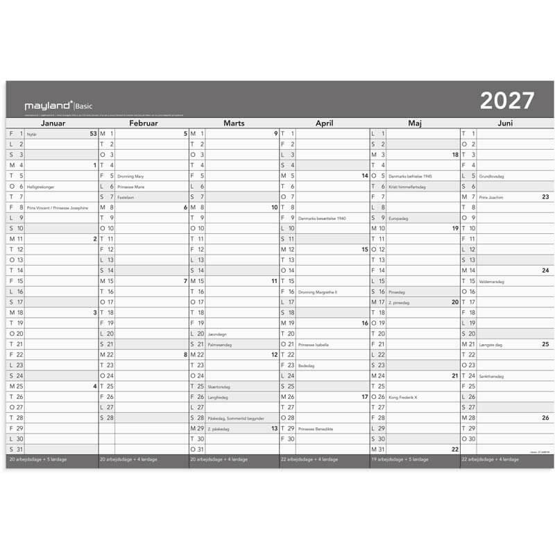 Basic kontorkalender 2027 Mayland A2 m/whiteboard-funktion