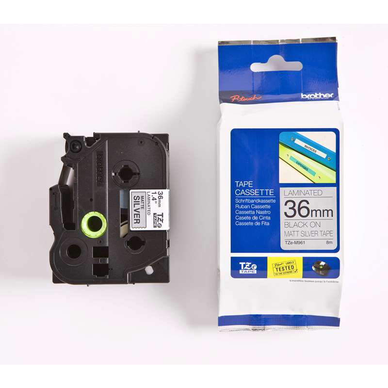 Labeltape Brother TZeM961 36mm sort på sølv lamineret