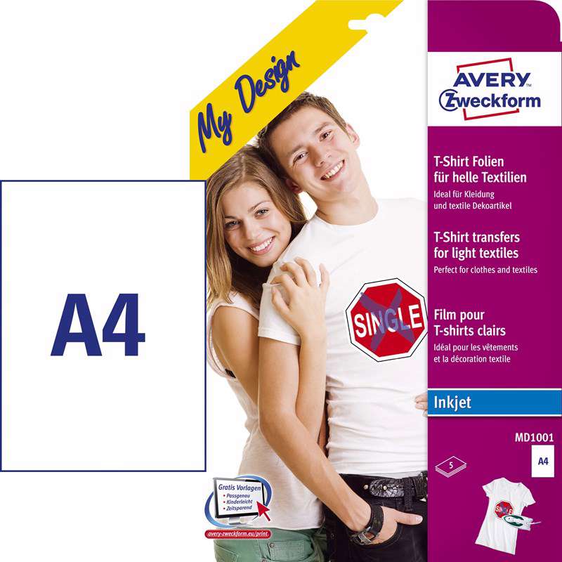 Transfer papir Avery til lys tekstil A4 1stk/ark 5ark/pak