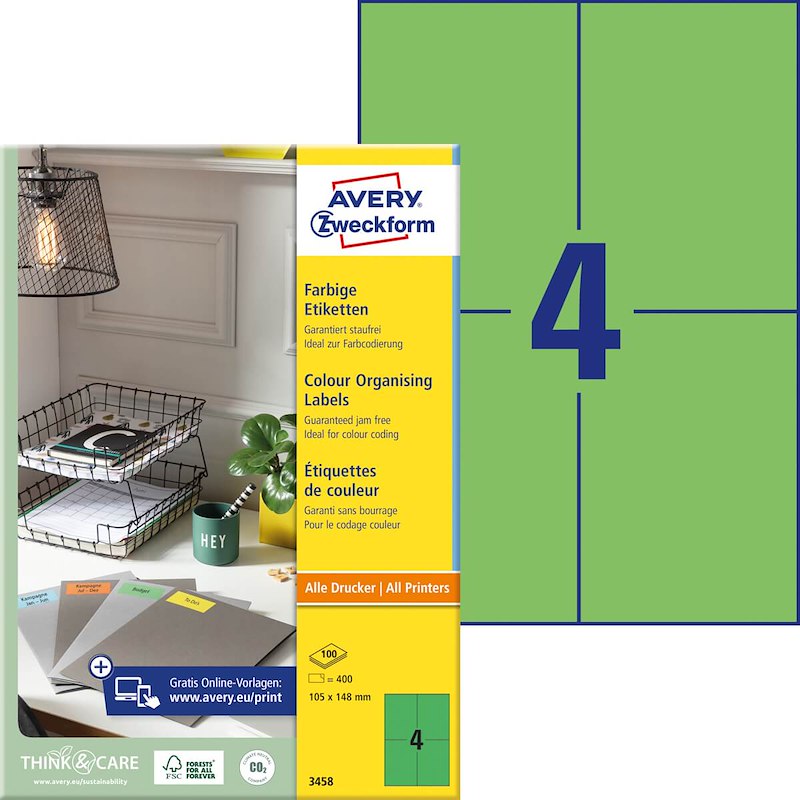 Etiketter Avery label grøn 105x148mm 3458