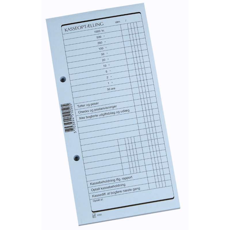 Kasseoptællings blok 100x210 mm 70 g m/2 huller 100 bl. blå