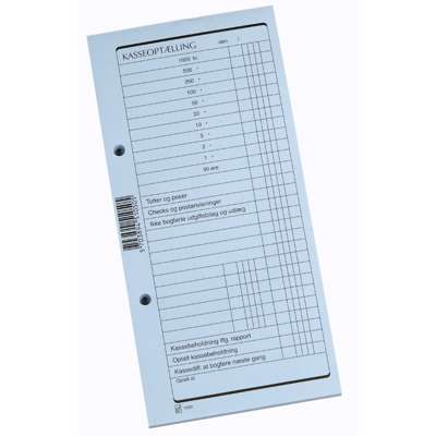 Kasseoptællings blok 100x210 mm 70 g m/2 huller 100 bl. blå