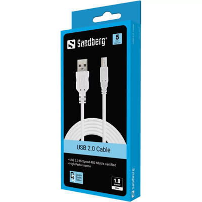 USB 2.0 A-B han 1,8m Sandberg Hvid 502-78