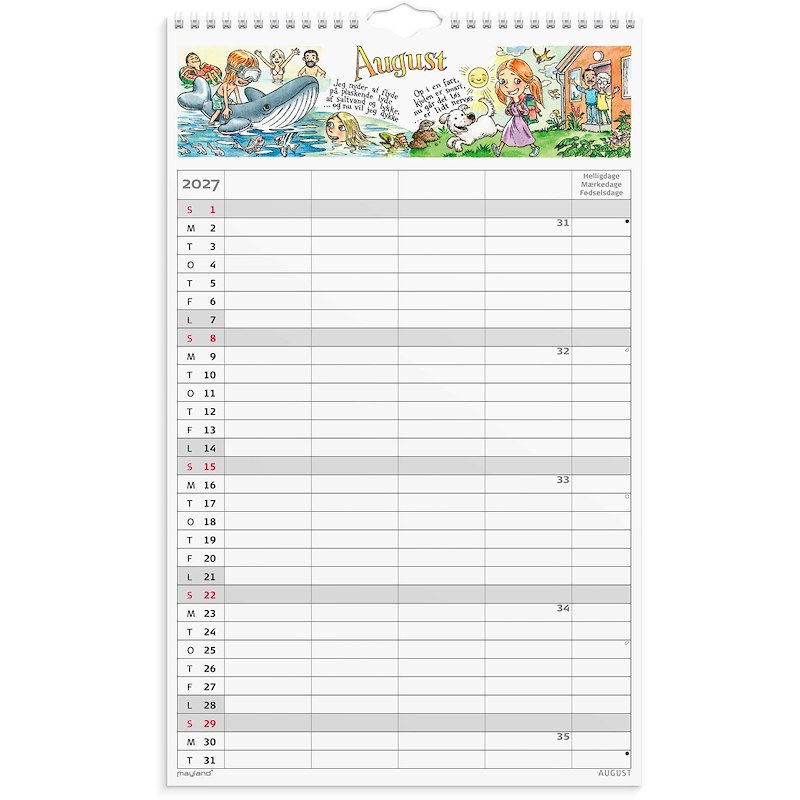Familiekalender 2027 Mayland 4 kol. m. stickers