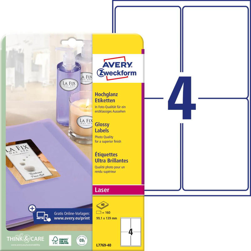 Etiketter Avery label laser glossy hvid 139x99,1mm L7769-40
