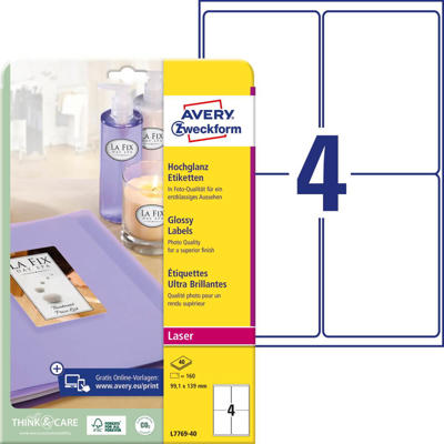 Etiketter Avery label laser glossy hvid 139x99,1mm L7769-40