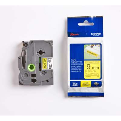 Labeltape Brother TZeS621 9mm sort på gul lamineret