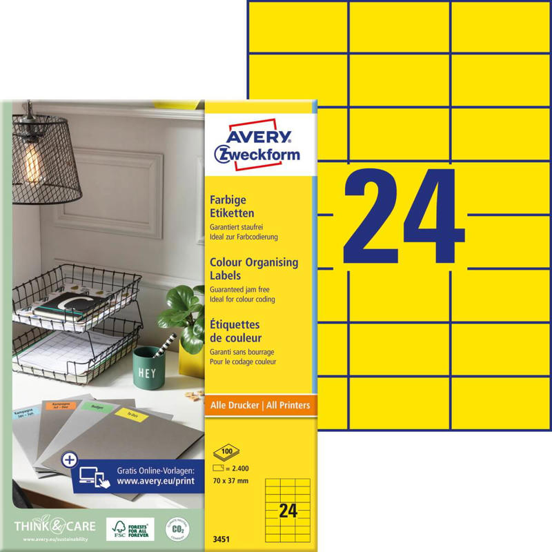 Etiketter Avery label gul 70x37mm 3451