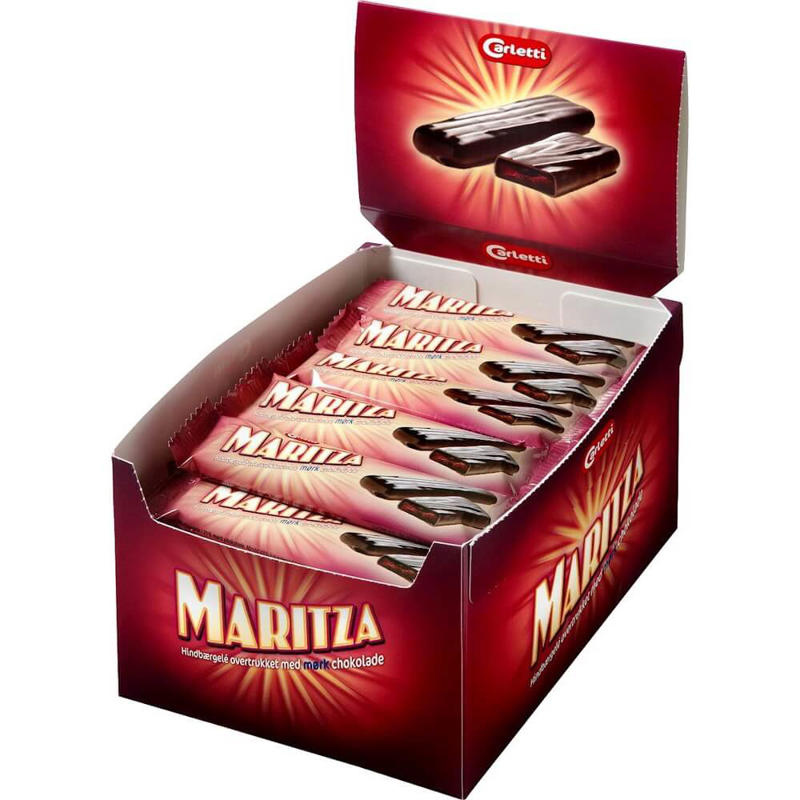 Chokolade Maritza stænger m/hindbær / 36 stk.