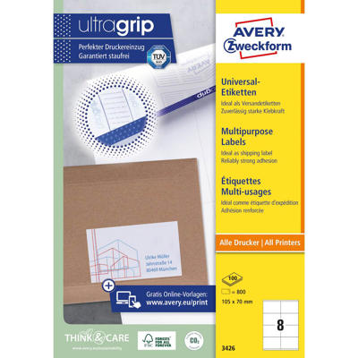 Etiketter Avery label hvid 105x70mm 8/ark 100ark/pk 3426