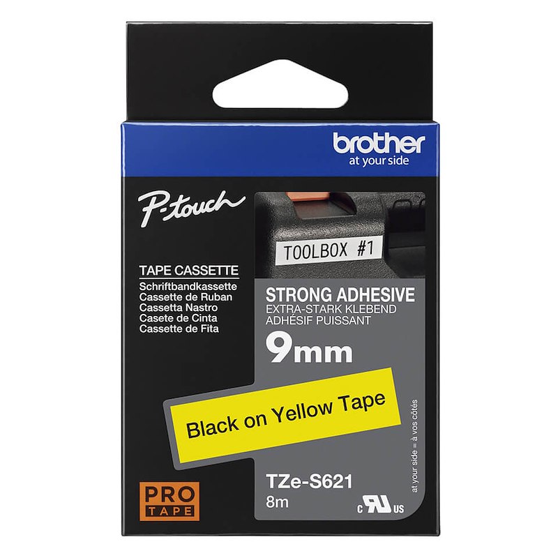 Labeltape Brother TZeS621 9mm sort på gul lamineret