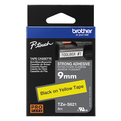Labeltape Brother TZeS621 9mm sort på gul lamineret