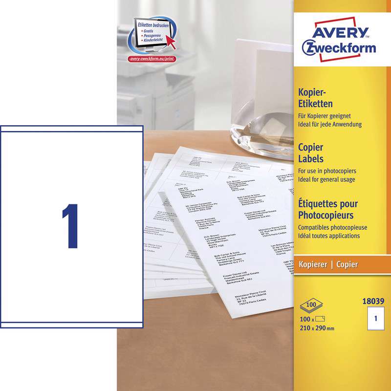 Etiketter Avery label kopi 210x297mm 1/ark 100ark/pak 18039
