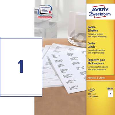 Etiketter Avery label kopi 210x297mm 1/ark 100ark/pak 18039