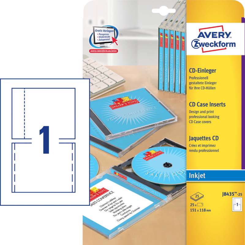 Etiketter Avery CD omslag for/bagside InkJet hvid J8435-25
