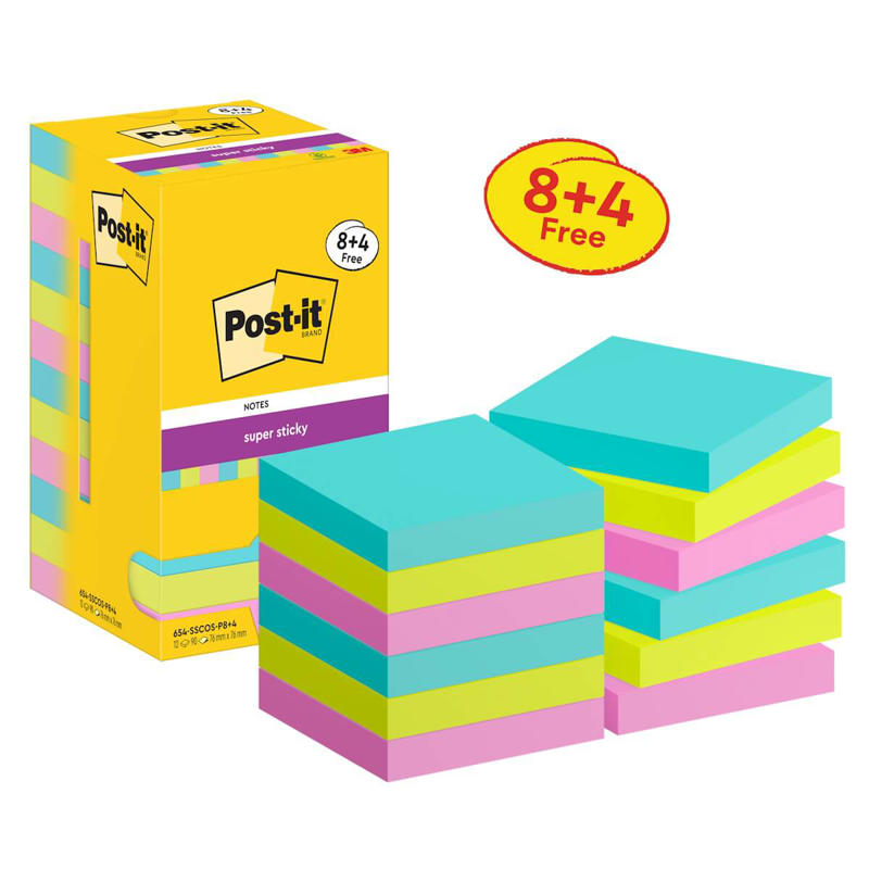Post-it blok 654 Super Sticky  ass. Cosmic 76x76mm 12blk/pk.