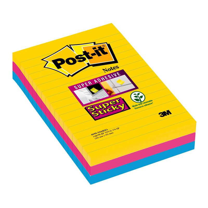 Post-it notes Super Sticky ass. lin 101x152mm 70bl 3blk/pk.