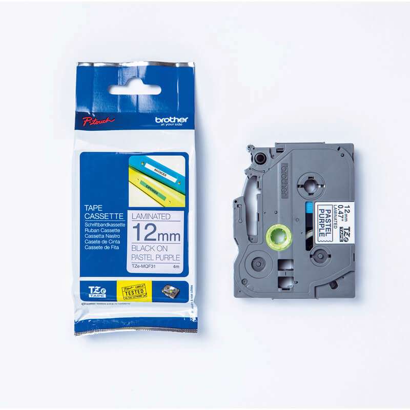 Labeltape Brother 12mm sort på lilla TZeMQF31 lamin.