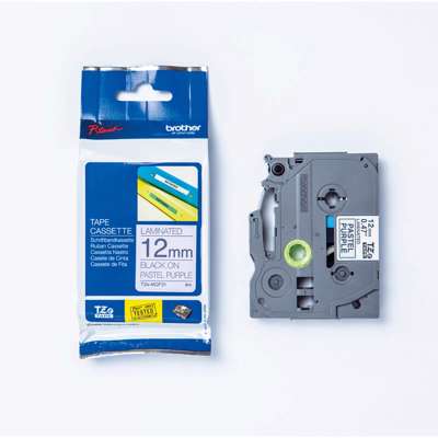Labeltape Brother 12mm sort på lilla TZeMQF31 lamin.