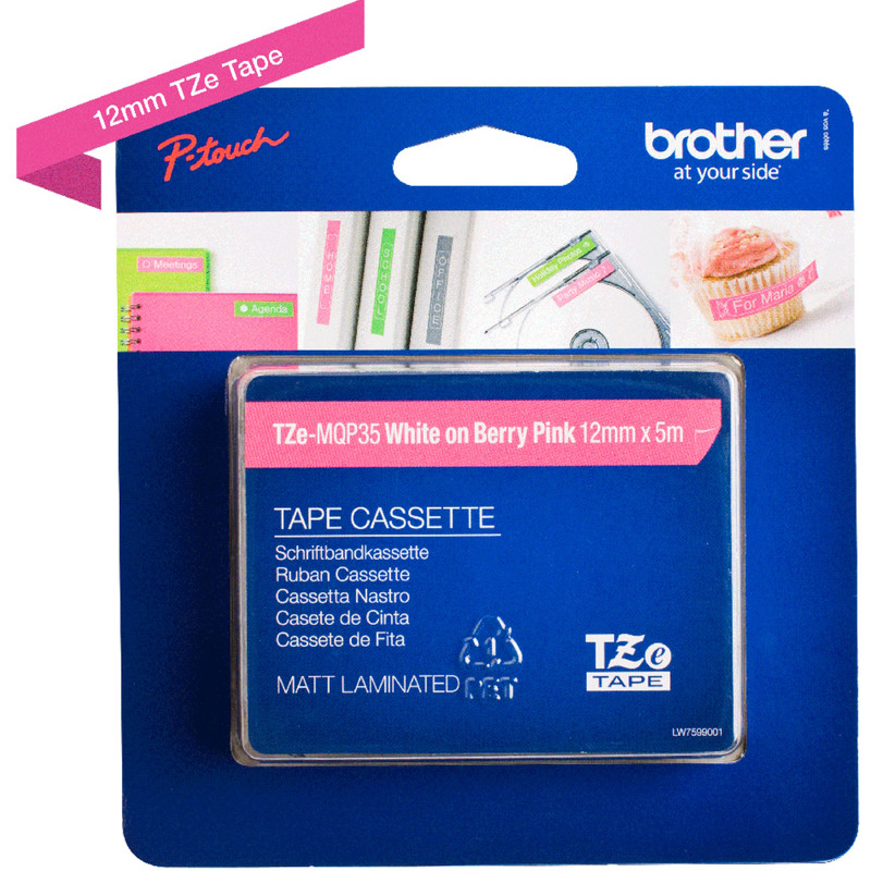 Labeltape Brother 12mm hvid/lys pink TZeMQP35