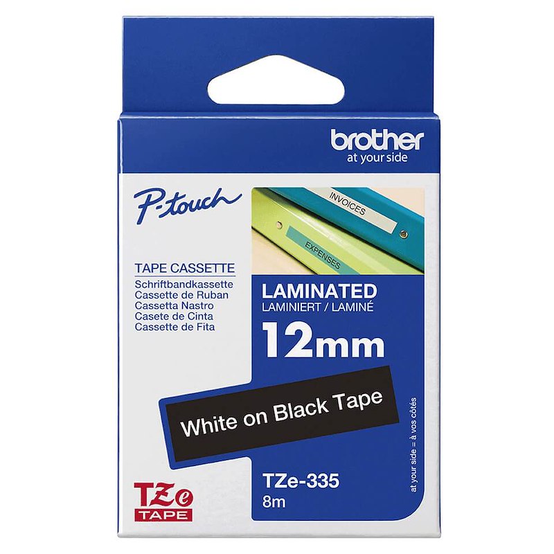 Labeltape Brother TZe335 12mm hvid på sort lamineret
