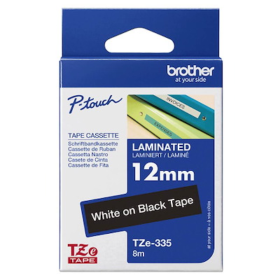 Labeltape Brother TZe335 12mm hvid på sort lamineret