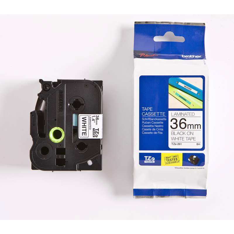 Labeltape Brother TZe261 36mm sort på hvid lamineret