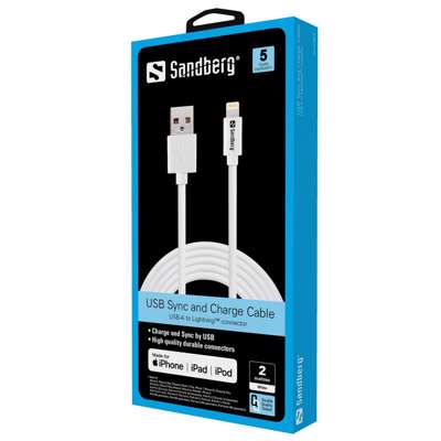 Kabel Sandberg Lightning sync/charge USB hvid 2m
