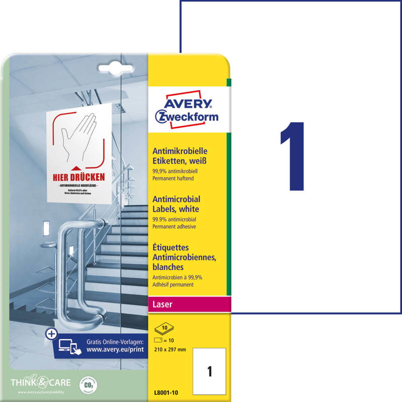 Etiketter Avery antimikrobielle hvid 210x297mm L8001-10
