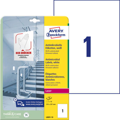 Etiketter Avery antimikrobielle hvid 210x297mm L8001-10