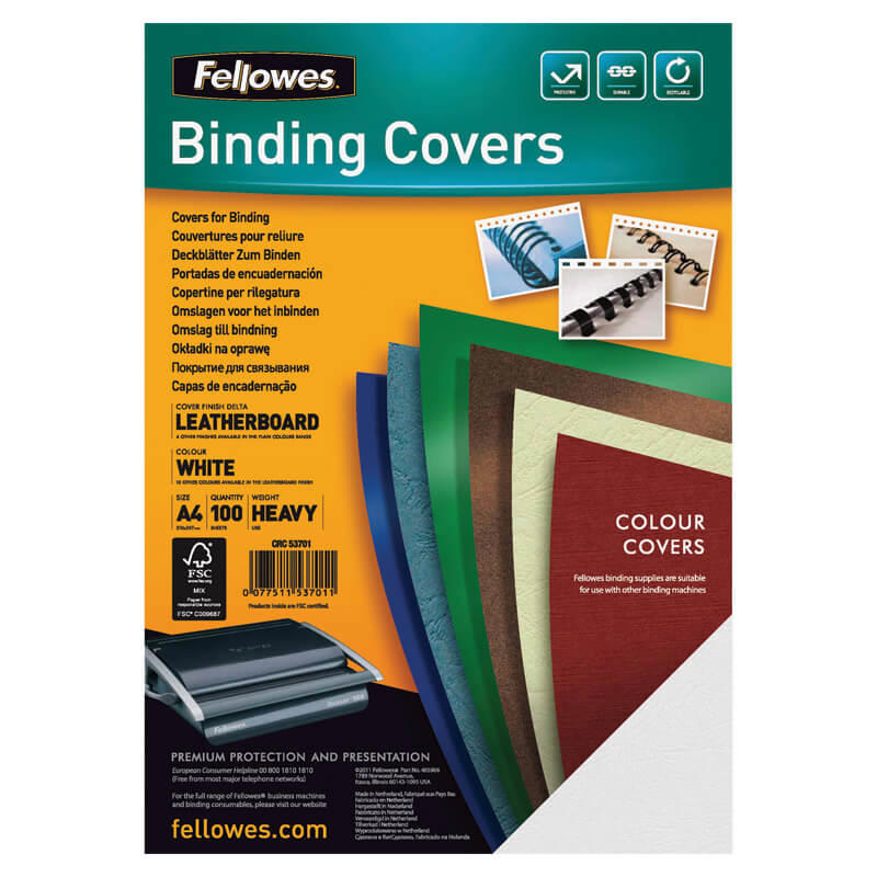 Kartonomslag Fellowes A4 hvid 100stk/pk