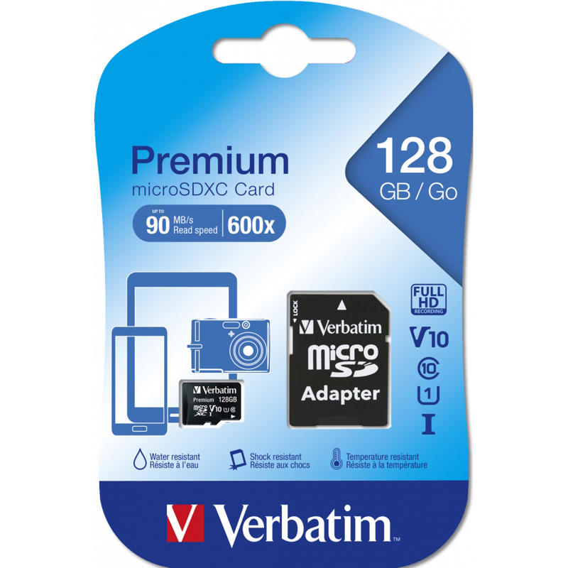 Micro-SDXC-kort Verbatim 128GB Class 10 m/adapter