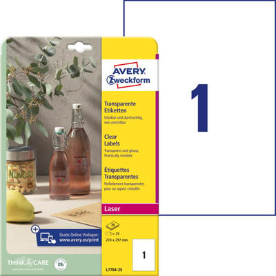 Etiketter Avery label laser glossy klar 210x297mm L7784-25