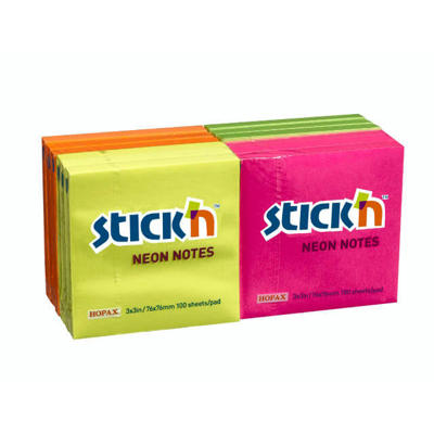 Notes Stick'N NEON gul/blå/mag 76x76mm 100blade 12blk/pk