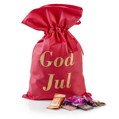 Julegave 2025 Rød Stofpose, God jul Anthon Berg Mix 1000g