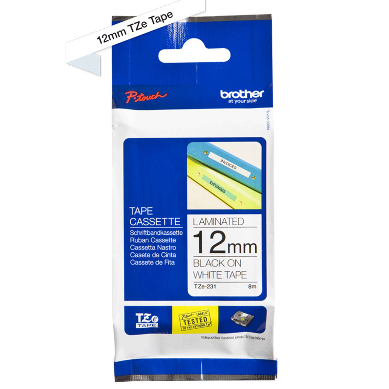 Labeltape Brother TZe231 12mm sort på hvid lamineret