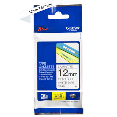 Labeltape Brother TZe231 12mm sort på hvid lamineret