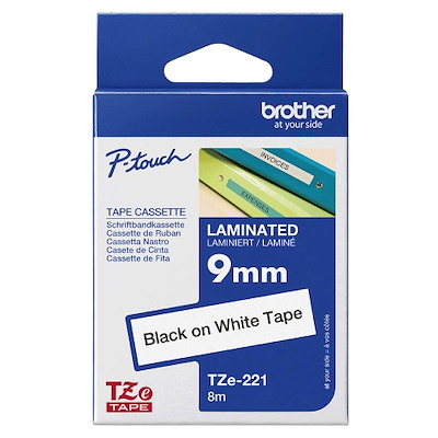 Labeltape Brother TZe221 9mm sort på hvid lamineret