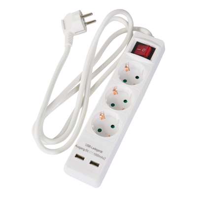 Stik 3-vejs u/ jord, 2xUSB-A (3x1,5mm²) 1,5m hvid