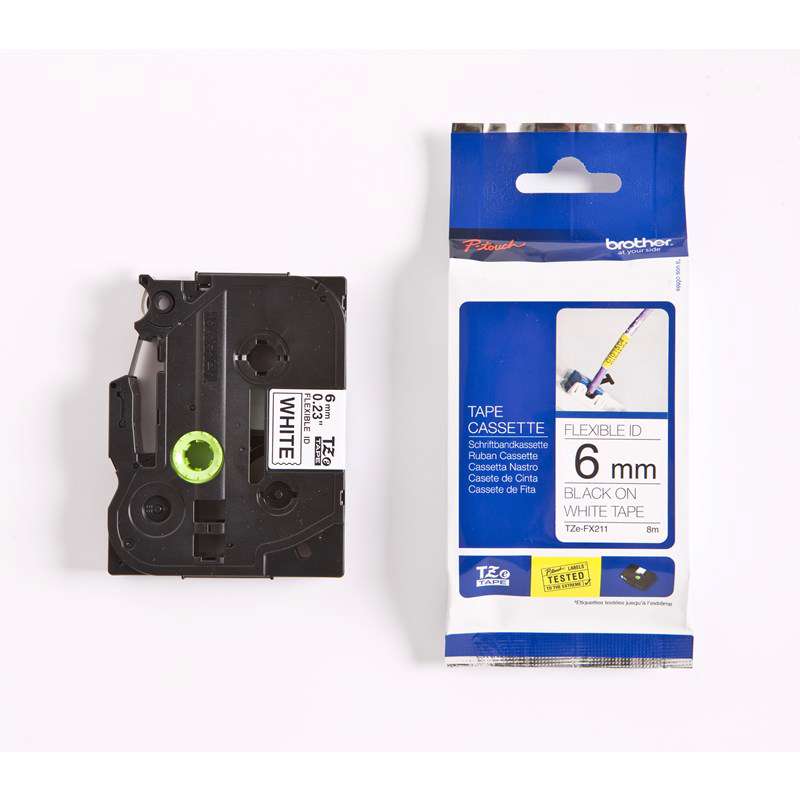 Labeltape Brother TZeFX211 6mm sort på hvid fleksibel